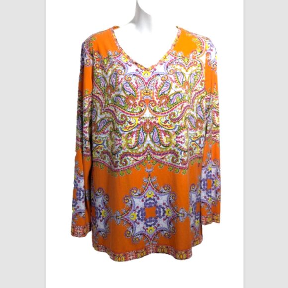 Susan Graver Orange Paisley Print V-Neck Liquid Knit Long-Sleeve Top Small - Picture 1 of 2